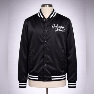 Satin "Johnny Velvet" ringer sports snap bomber. L
